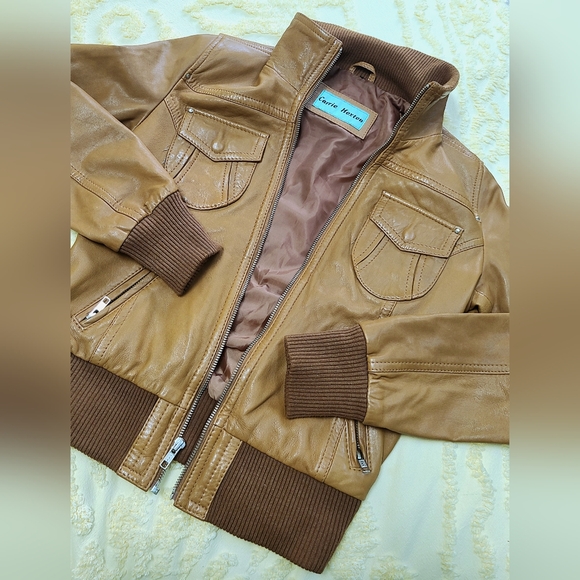 Women's Genuine Leather English Boutique English Tan Bomber Jacket - Picture 4 of 5